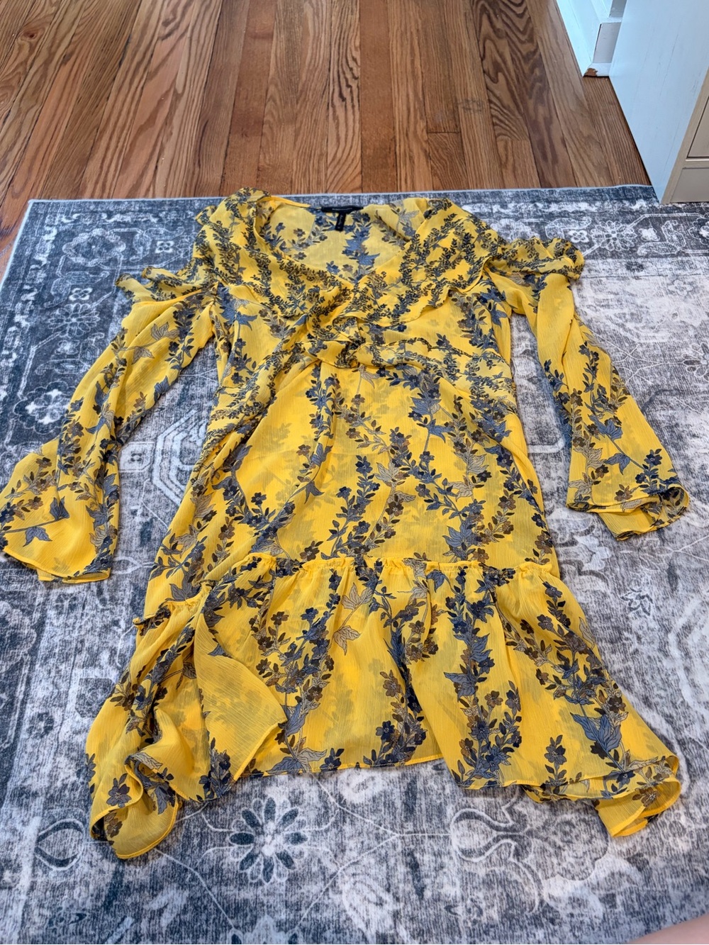 BCBGMaxAzria Yellow Floral Ruffle Long Sleeve Dress
